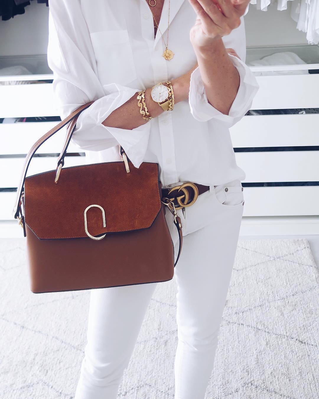 All White OOTD With Gold Arm Party, Brown Bag And Black Belt 2021