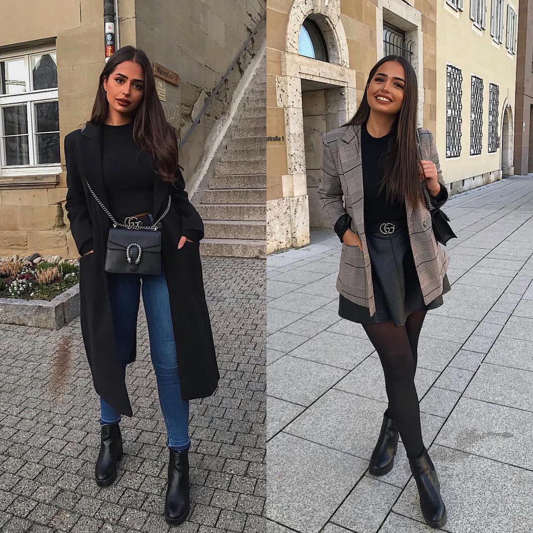 Black coat and blue jeans or gray blazer and black leather skirt for office 2021