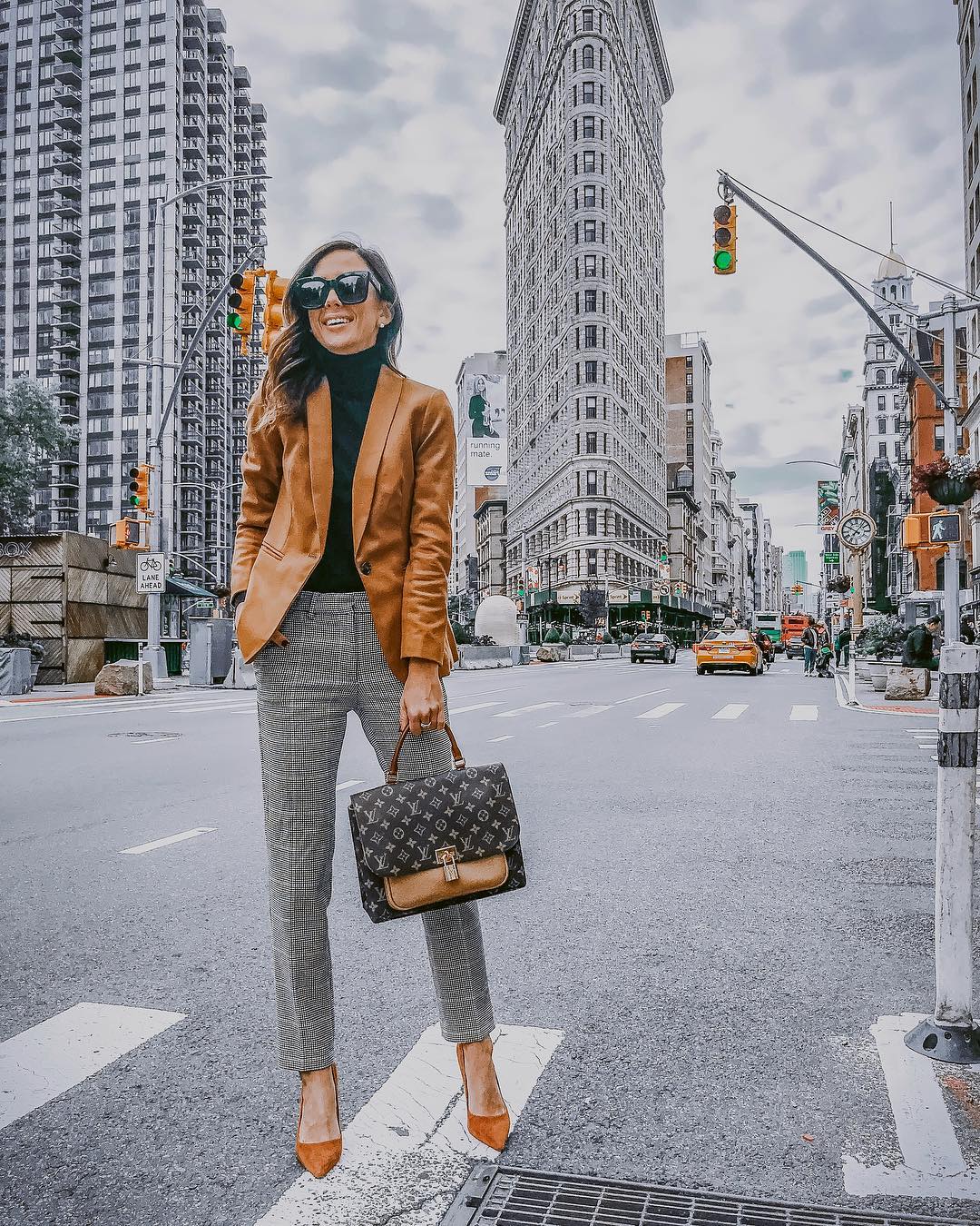 Camel blazer and gray plaid pants for fall 2021