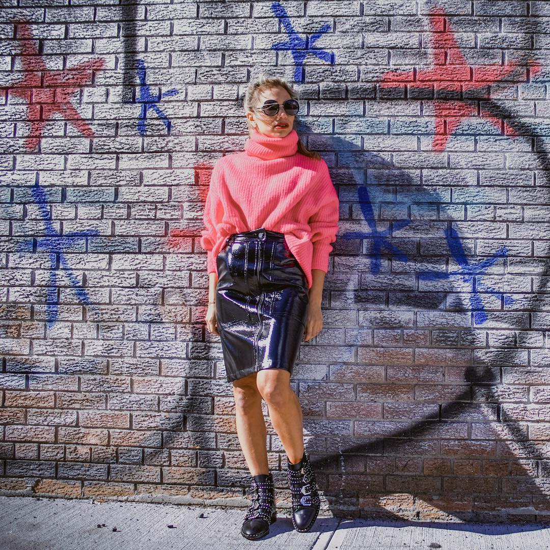 Fall Basics: Pink Turtleneck and Shiny Black Leather Pencil Skirt 2021