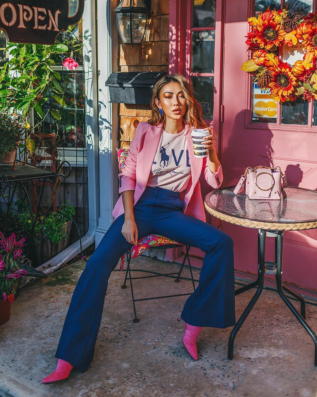 Pink blazer and blue wide leg pants for spring 2021