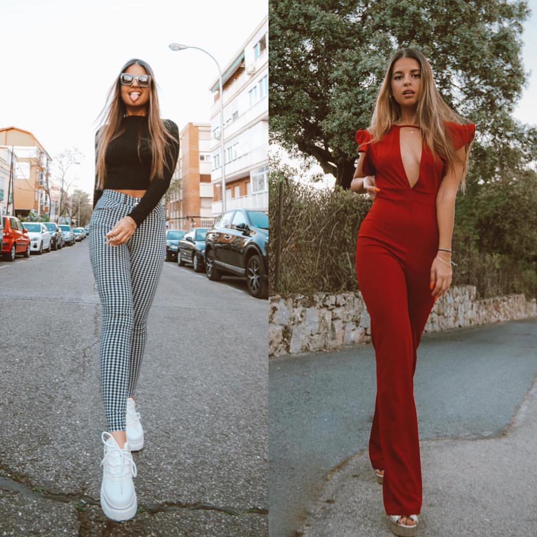 Spring essentials for young women: Checkered trousers with sneakers and red jumpsuit 2021