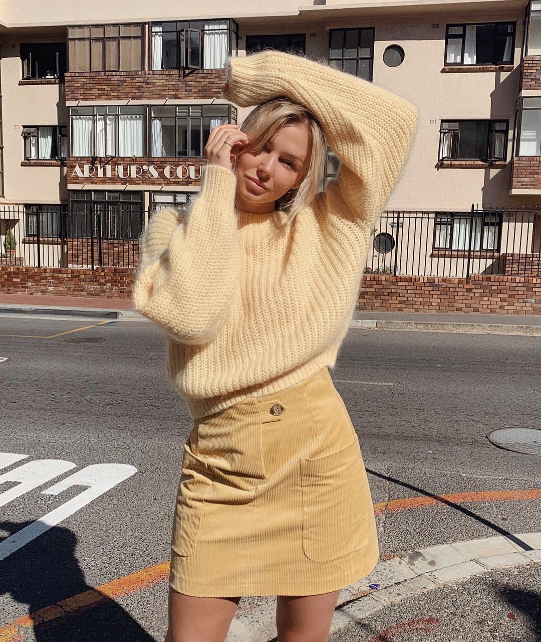 Sweater and cord skirt: pastel yellow Spring Essentials 2021