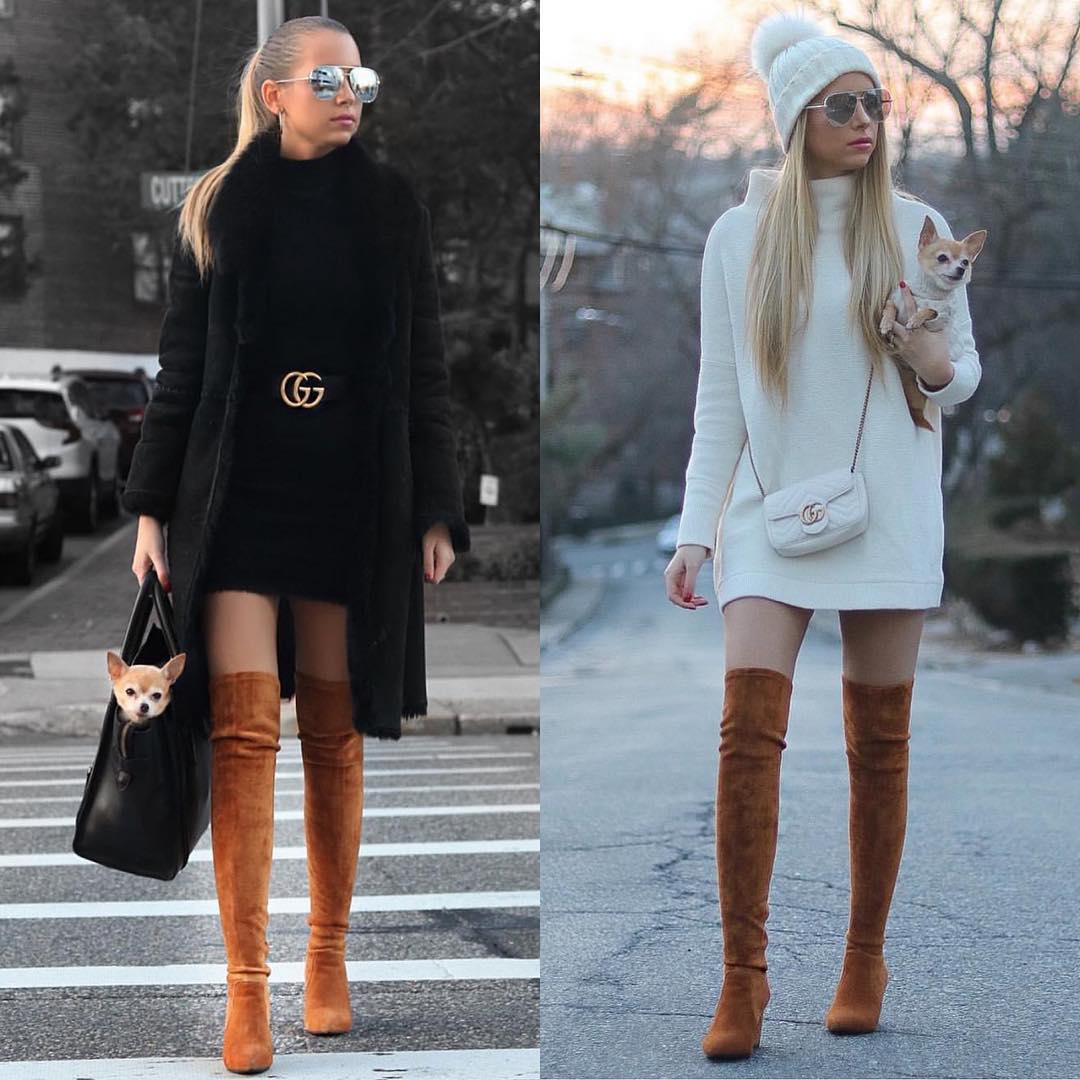 Sweater dresses and OTK boots for fall 2021