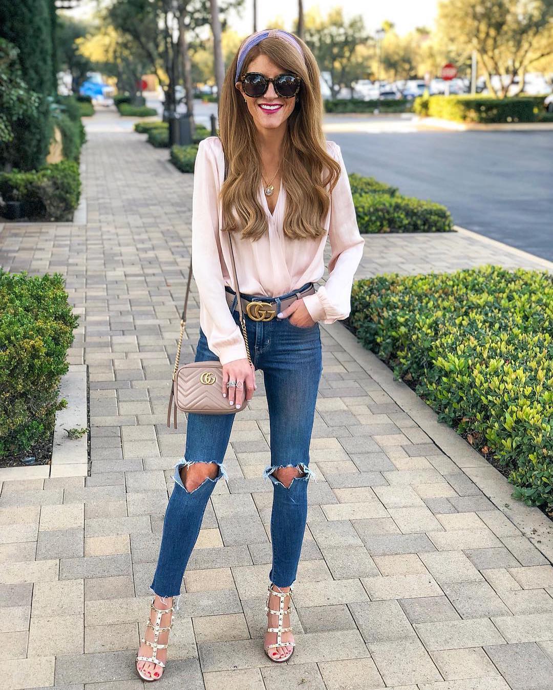 Cream Blush Blouse And Knee Ripped Blue
Jeans Outfit