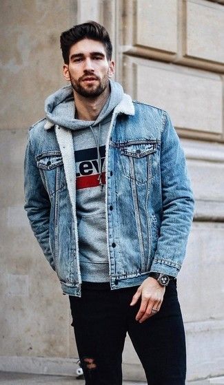 Grey Hoodie With Denim Jacket In Blue For
Fall