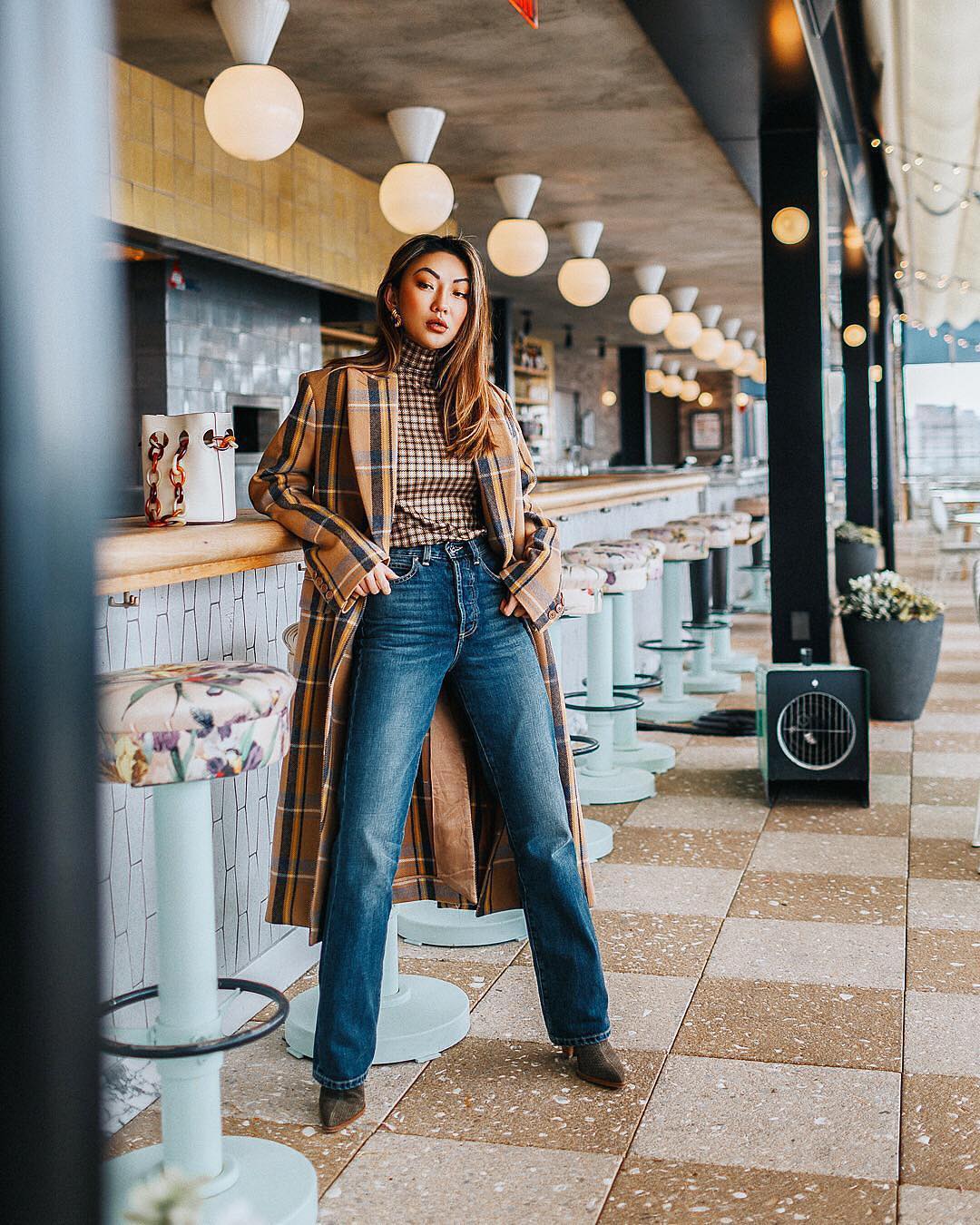 Long Plaid Coat With Plaid Turtleneck And
Regular Jeans Outfit