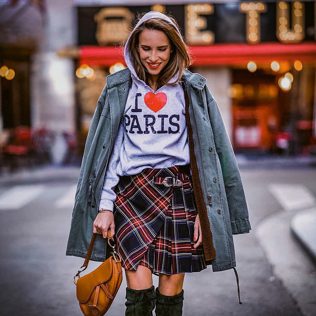 Parka, Hoodie And Plaid Skirt Outfit