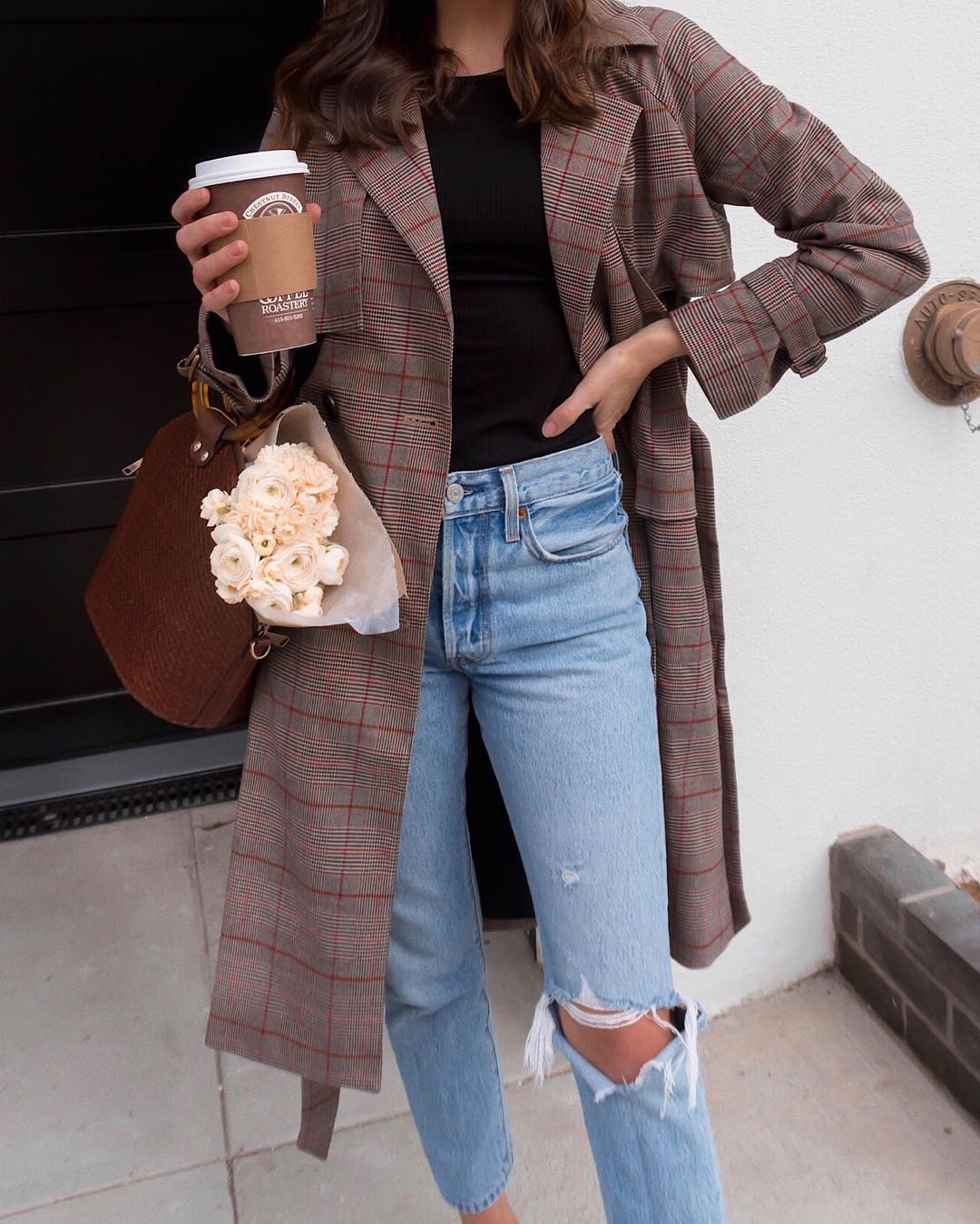 Plaid Coat And Knee Ripped Jeans Outfit