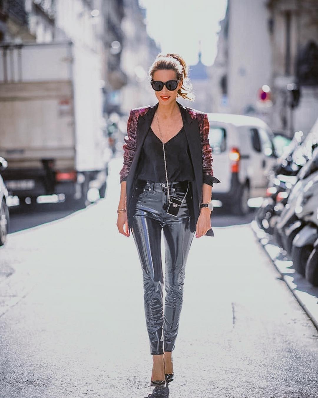 Velour Blazer And Glossy Leather Pants
Outfit