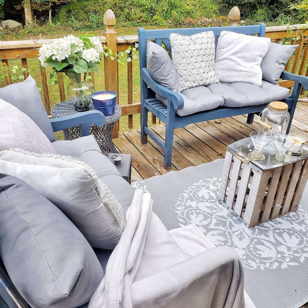 cozy wooden terrace, blue and gray wooden furniture 