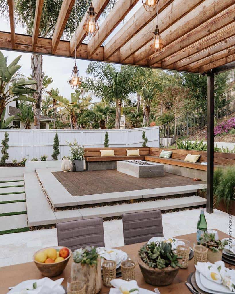 Large wooden terrace with seating, wooden gazebo 
