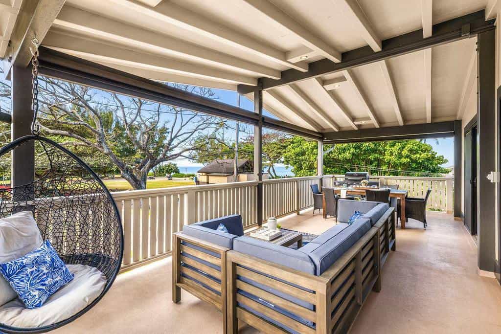 Large concrete terrace, modern pergola wooden furniture 