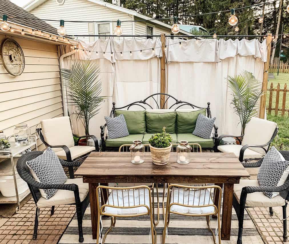 rustic patio deck wooden table, green sofa curtain, divider 