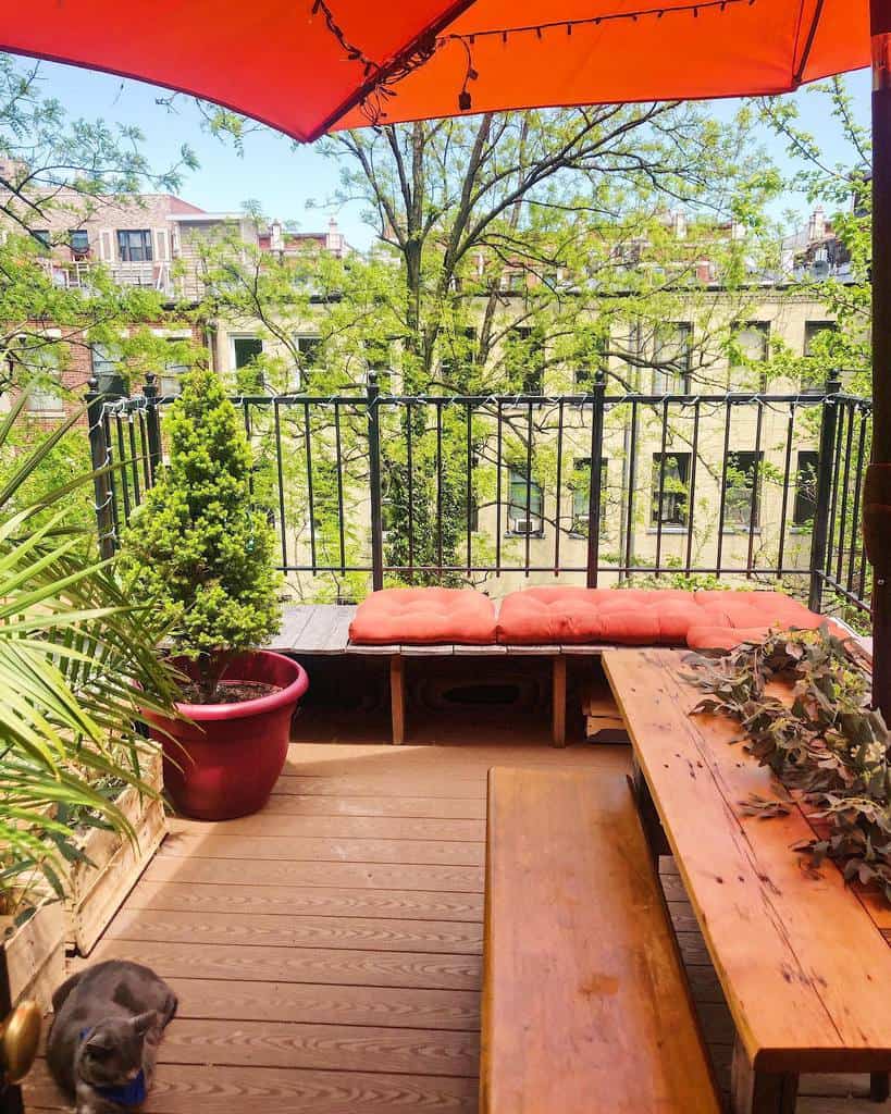 Balcony wooden patio bench sail shade 