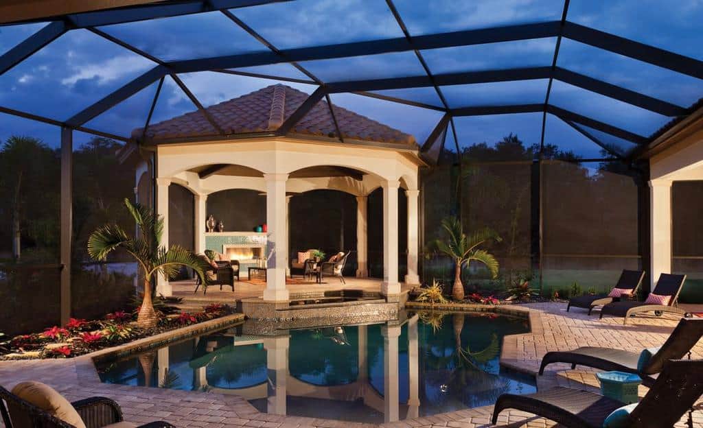 large pool fireplace on the outdoor terrace