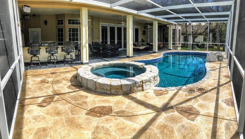 covered stone and slate pool deck 