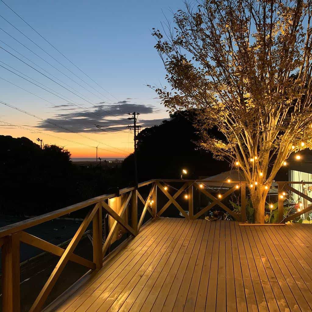 Large wooden terrace at night