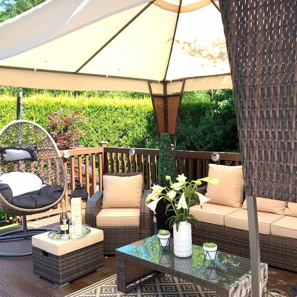 Outdoor deck, parasol, wicker furniture 