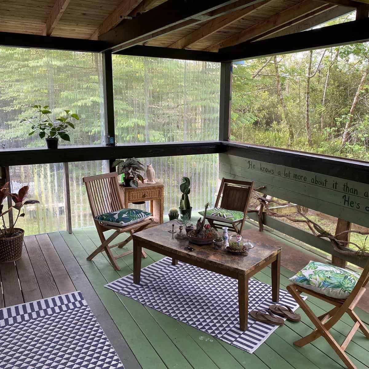 Balcony, wooden deck, terrace with shelter 