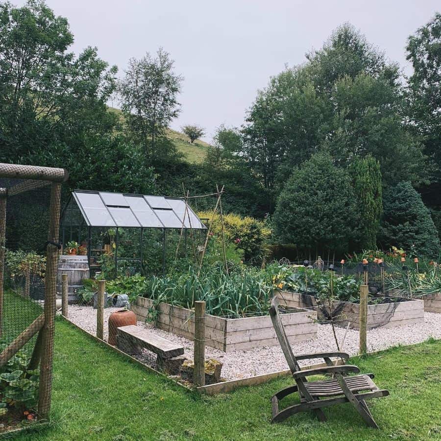 Wooden seat for the backyard vegetable garden