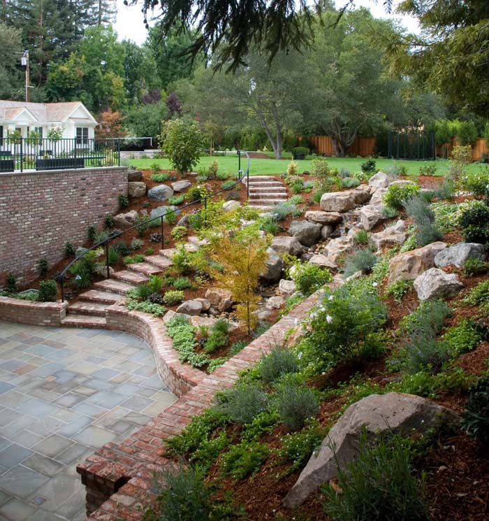 Brick and rock walls #slope landscaping #budget #decorhomeideas